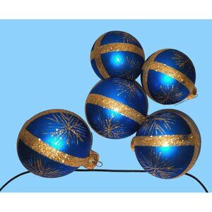 Set Of 5 Blue & Gold Glitter Christmas Ornaments